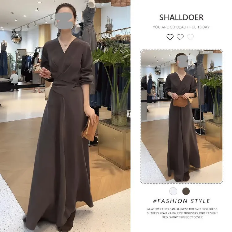 法式复古慵懒风V领连衣裙2025新款秋季时尚休闲收腰长裙松弛女装