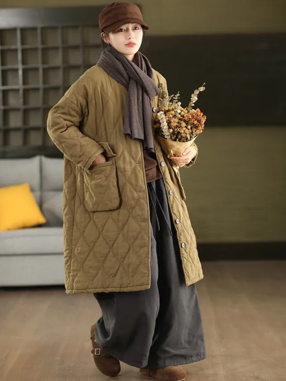 新款菱格天丝苎麻夹棉外套女文艺冬季胖mm长款棉服大口袋棉袄棉衣