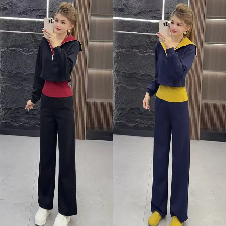 秋款0816 时尚撞色设计拼接假两件长袖上衣 加 长裤 两件套