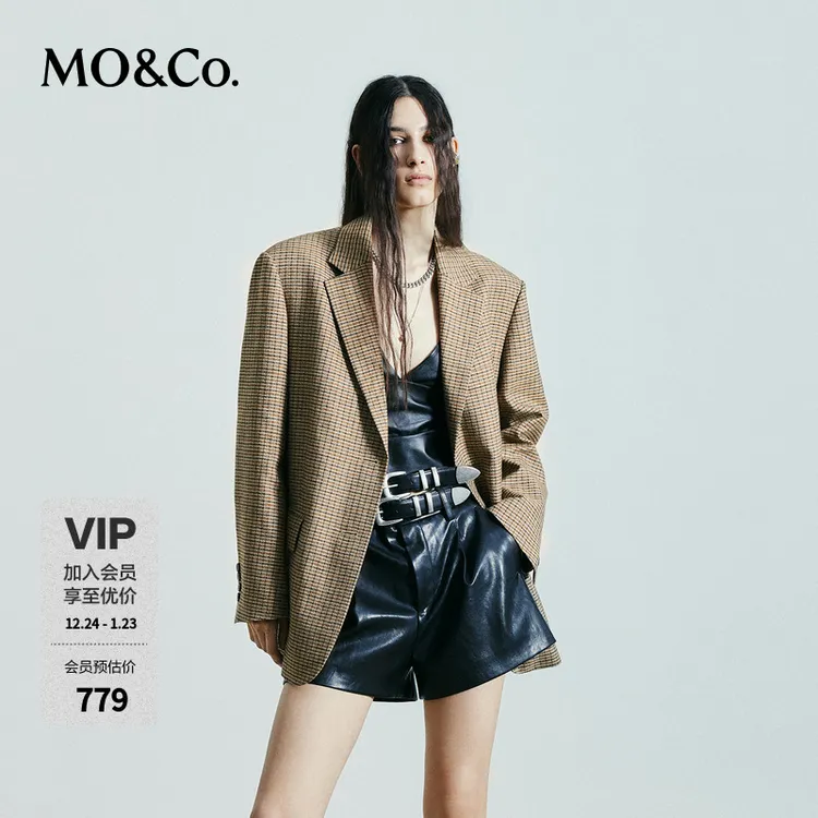 MOCO复古棕灰格纹色织亚麻混纺垫肩西装外套MBD3BLA019