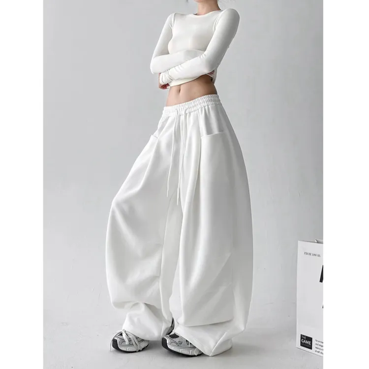 2025秋冬新款白色加绒工装裤女抽绳小众设计感宽松阔腿裤hiphop裤