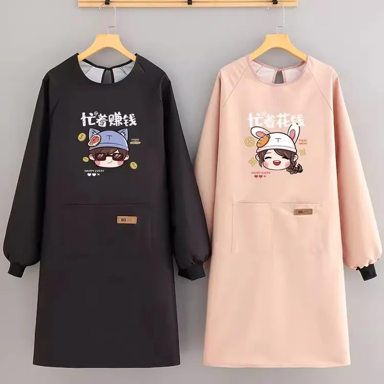 全包式围裙新款防水长袖防油罩衣家用厨房网红可爱情侣围腰耐脏qt