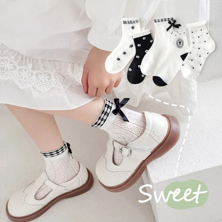 儿童袜子夏季轻薄款A类黑白洛丽塔女童袜子网眼透气春夏棉袜百搭