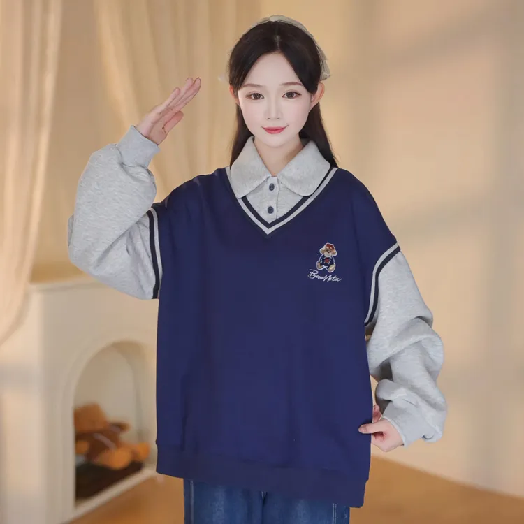 初中生卫衣女加绒加厚秋冬季学院风假两件上衣高中生学生大童撞色