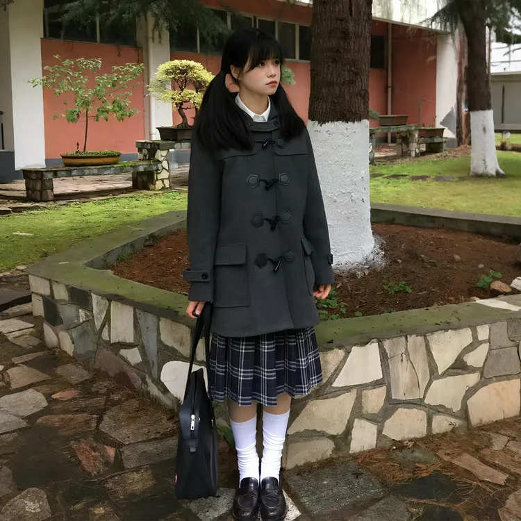 学院风JK大衣秋冬保暖深灰连帽牛角扣夹棉加厚中长款黑色毛呢外套