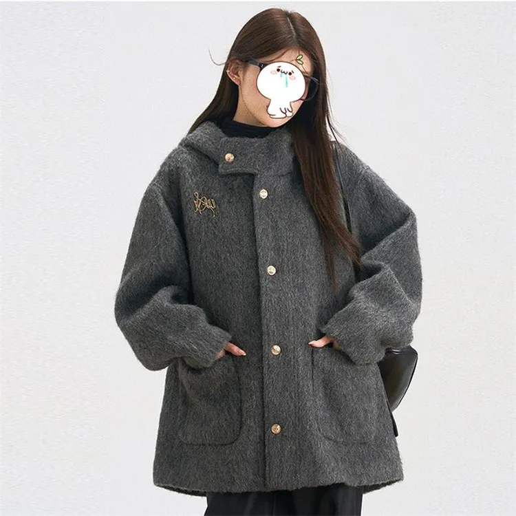 连帽加厚呢子大衣女冬季深灰色韩系小个子高级感毛呢外套