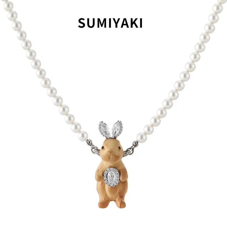 铜合金合成锆石项链 SUMIYAKI 木雕系列兔子珍珠项链生日礼物