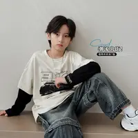 儿童长袖T恤男童假两件秋款打底衫潮酷中大童痞帅休闲上衣纯棉