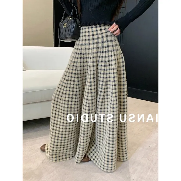 耶古法式格纹a字半身裙女秋冬季新款高腰宽边垂坠感大摆长裙子