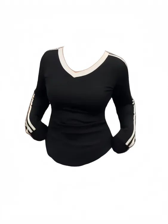 大码胖mm设计感撞色拼接三条杠v领长袖T恤女春秋修身显瘦打底上衣