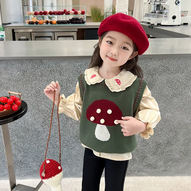 女童春装套装春季新款女宝蘑菇绣花衬衫马甲背心两件套小女孩春装