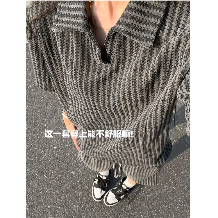 千鸟格休闲运动套装男女同款夏季宽松简约学院风盐系慵懒短袖短裤