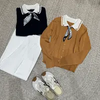 深圳南油白桃美美 韩系Polo领腰果花丝巾撞色针织衫新款时尚A3171