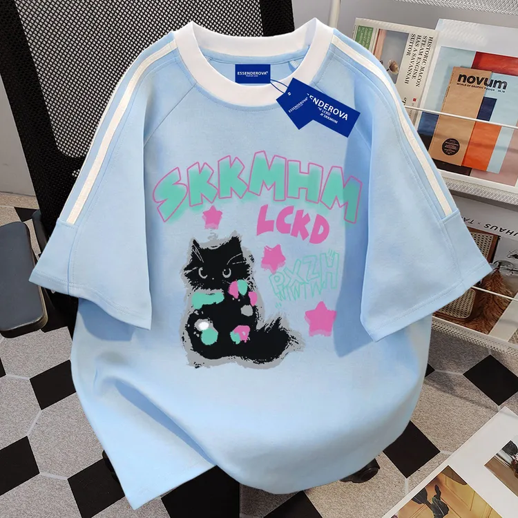 100%纯棉2025新款美式设计感小众三条杠短袖t恤男女夏季休闲上衣