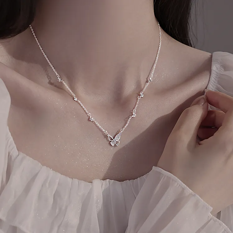 坠链均足银锆石 999纯银梦幻蝴蝶项链女2025足银锁骨链配饰毛衣链