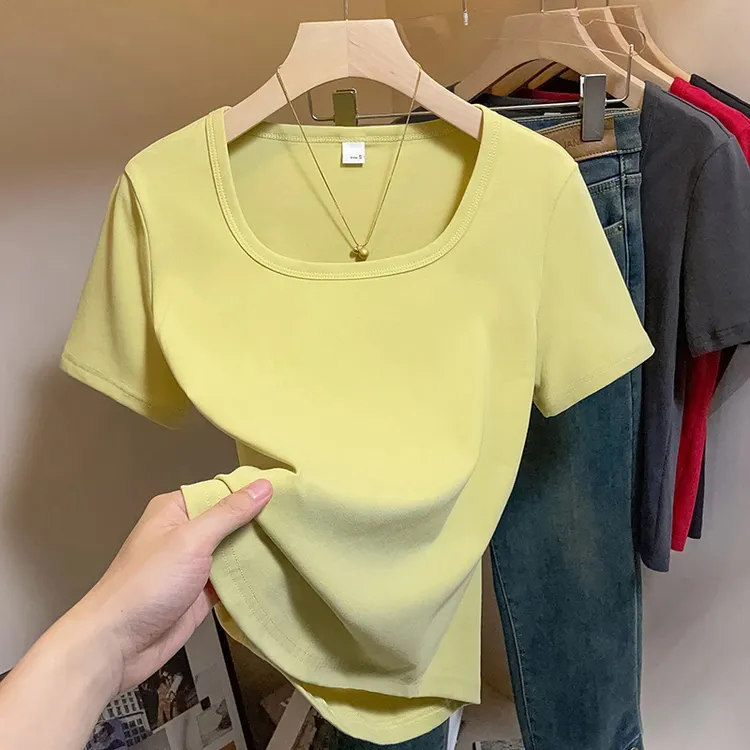 新品捡漏纯色微胖mm大码女装夏季方领遮肚显瘦短袖洋气t恤上衣服