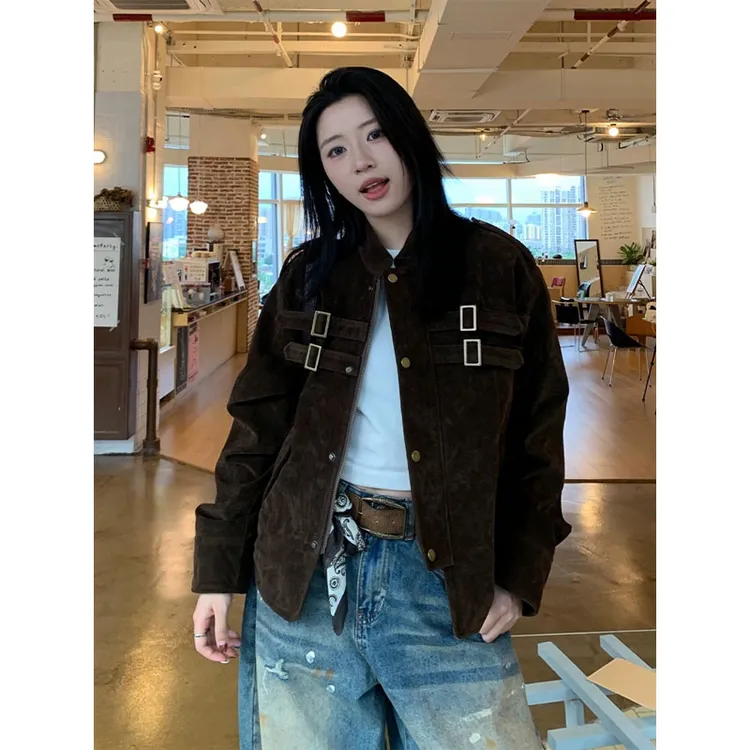 美拉德棕色麂皮绒短款外套男春秋结构绑带设计感巴恩风哈灵顿夹克