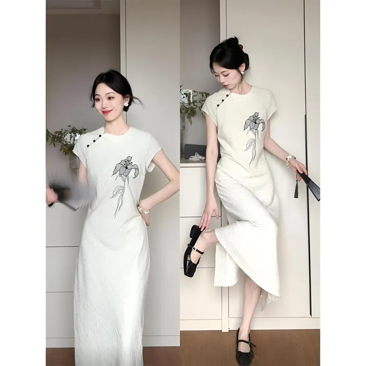 INS CEC新中式国风短袖旗袍连衣裙女夏季新款气质高级感长裙子