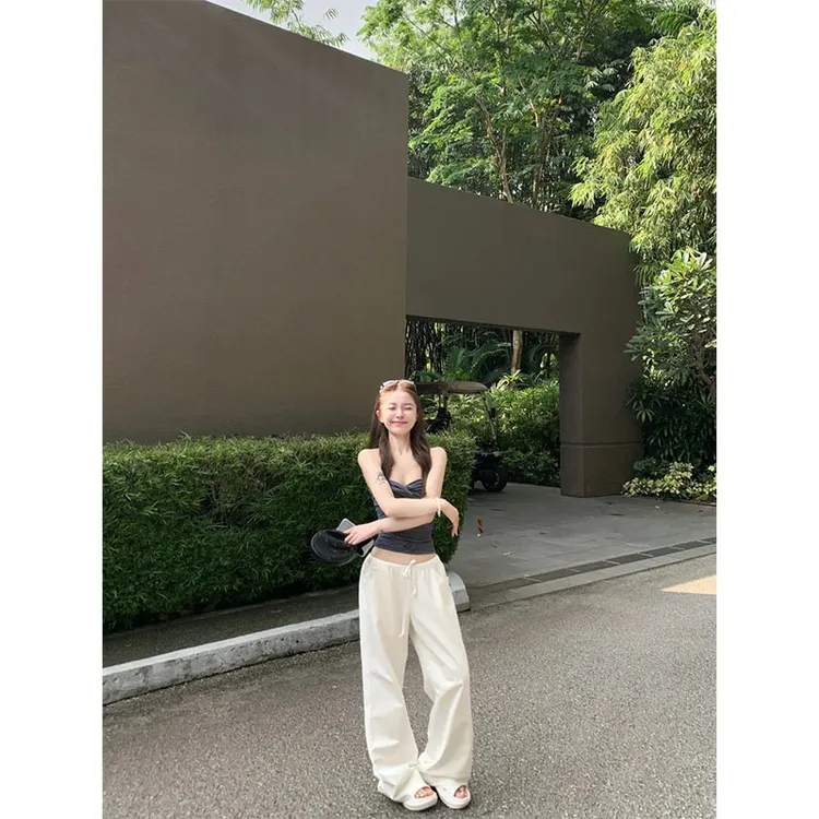 韩版休闲百搭时尚小众辣妹纯欲条纹抹胸上衣高腰抽绳白色直筒裤女