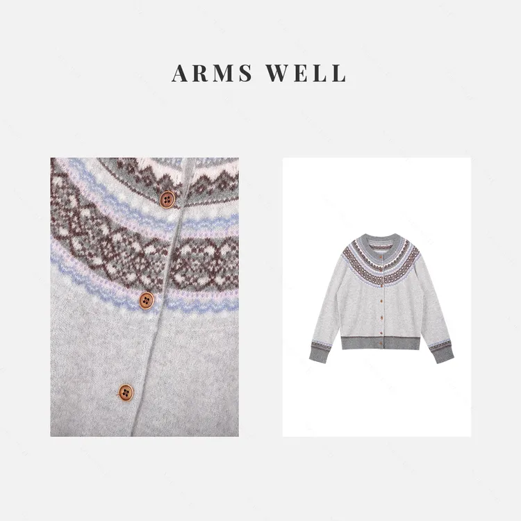 ARMS WELL王囡囡 灰色绵羊毛复古图案纽扣设计感开衫外套 S339