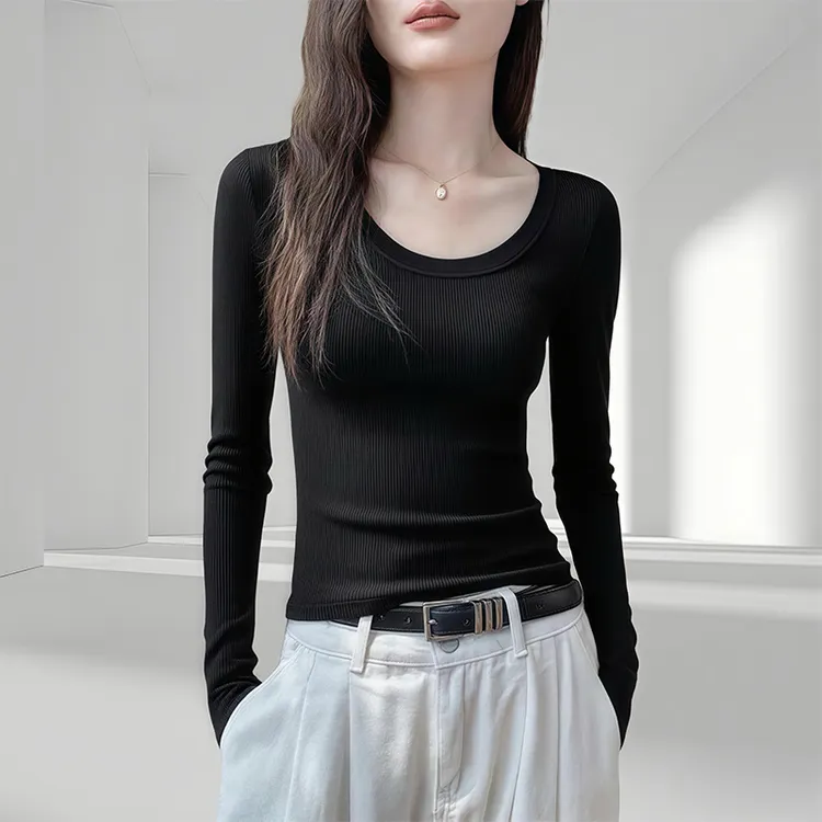 长袖T恤女2025秋季简约修身显瘦百搭纯色基础款圆领内搭打底上衣