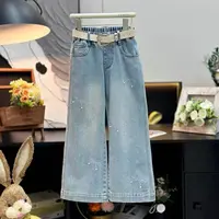 女童韩版牛仔裤2025春装新款重工烫钻休闲牛仔阔腿裤宽松直筒裤