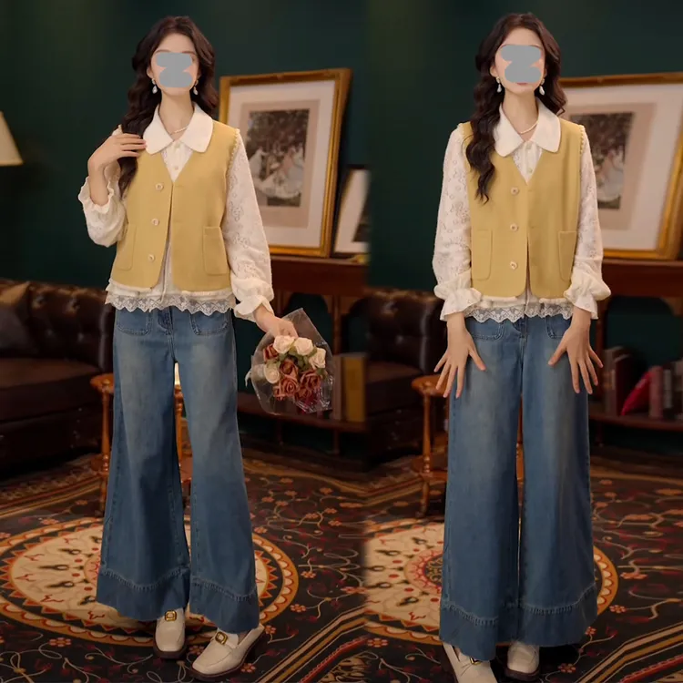 法式小香风时尚套装女2026春秋季提花镂空长袖衬衫马甲外套两件套