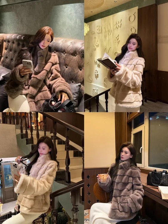 KZN·STUDIO【贵奢线】立领横排切条环保水貂毛毛外套   28171