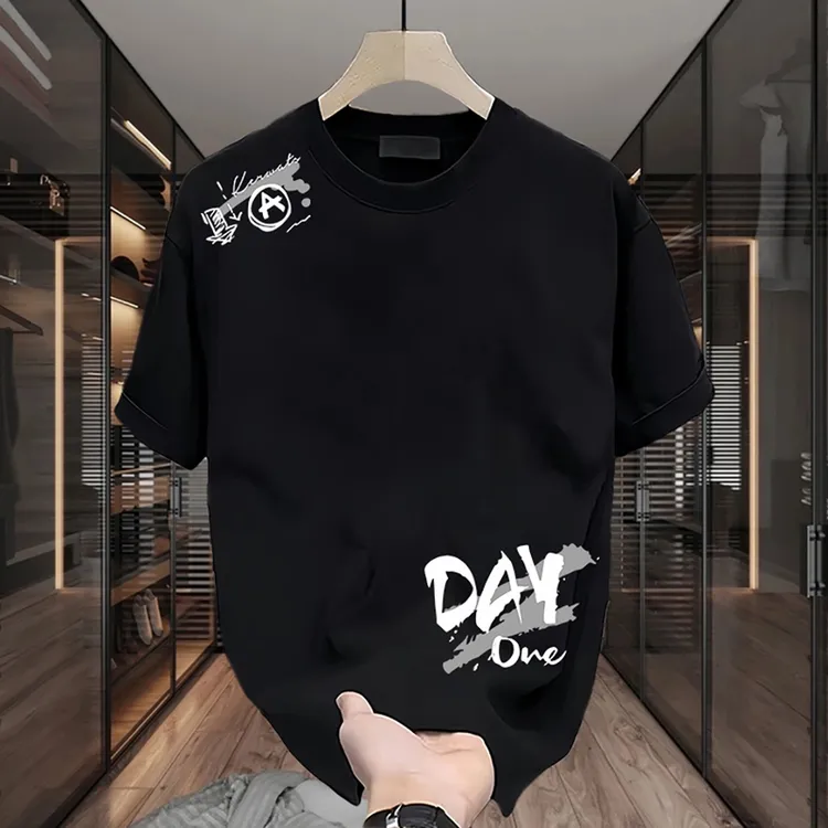 2025新款纯棉T恤宽松男士休闲上衣印花圆领时尚半袖轻奢夏季百搭