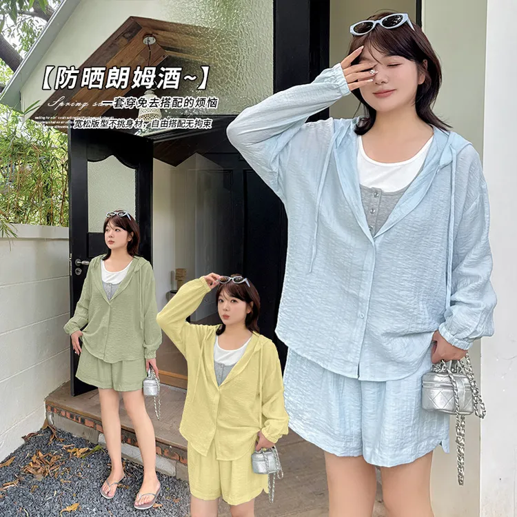 大码女装韩版气质显瘦2025夏新款天丝防晒衬衣短裤套装