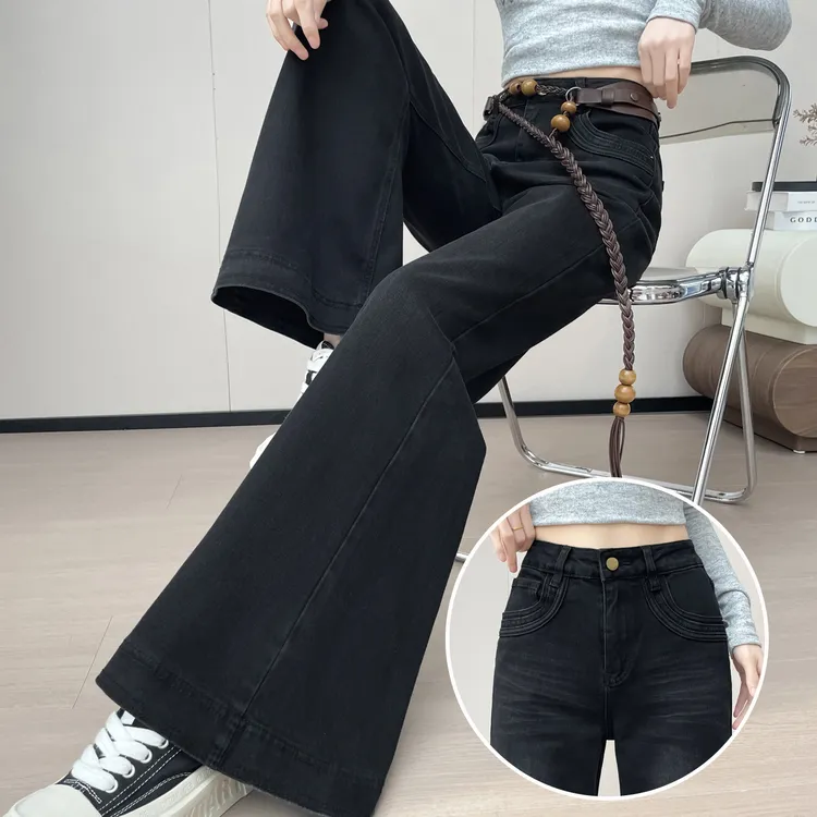 2025年秋冬新款加绒黑灰色高腰显瘦宽松微喇裤女款爆款2025新款