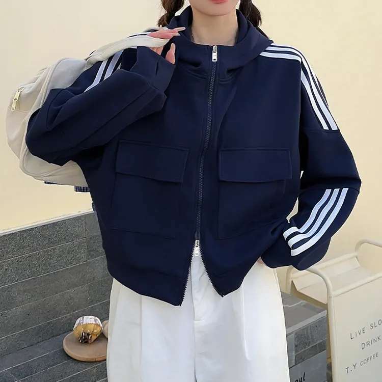 三条杠外套女短款卫衣开春秋2025新款美式初春穿搭双拉链连帽上衣