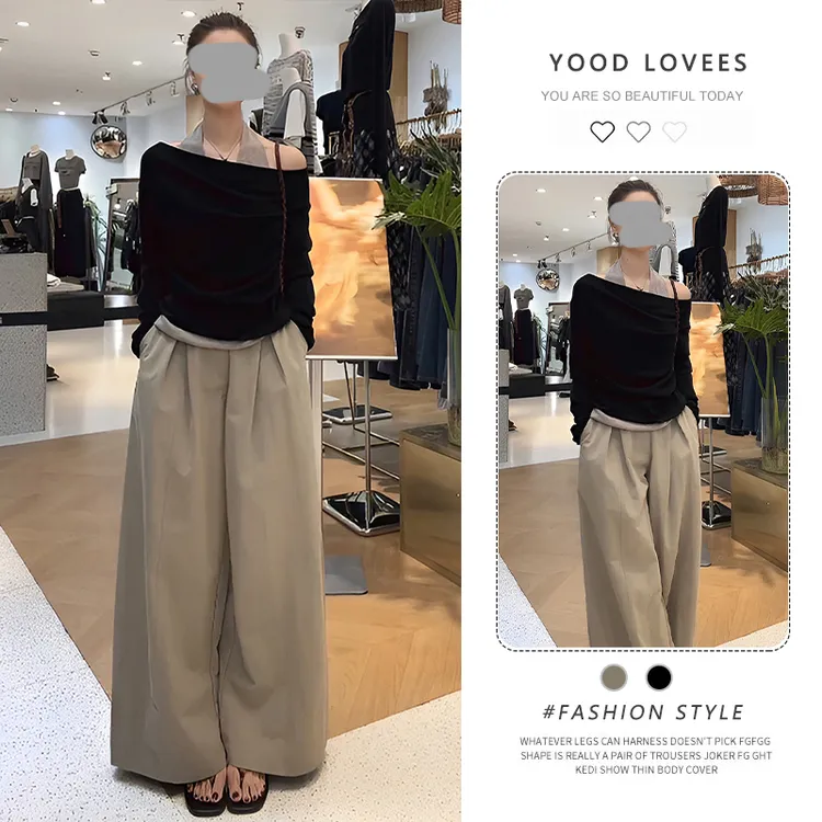 韩系松弛感斜肩假两件挂脖上衣高腰显瘦阔腿裤2026春秋氛围感套装