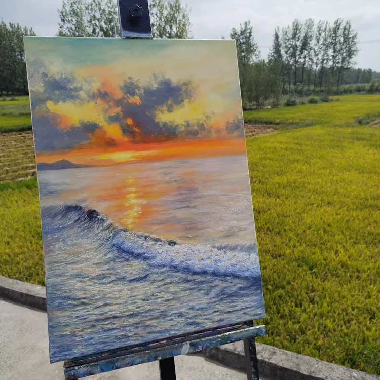 原创手绘，油画《夕阳下的海浪》浪漫海景装饰画