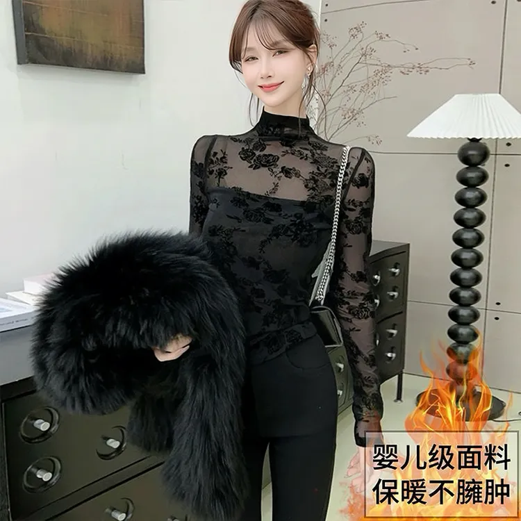 秋冬加绒半高领蕾丝内搭女高级感微透打底衫百搭长袖上衣