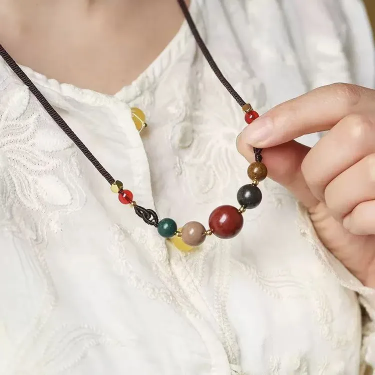 非金属棉绳项链 五行合香珠 古法炮制五方锁骨链非遗手工