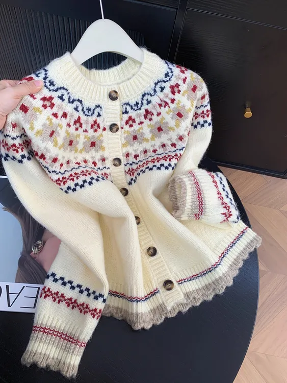 费尔岛提花毛衣外套女2025秋冬新款慵懒宽松减龄软糯圆领针织开衫