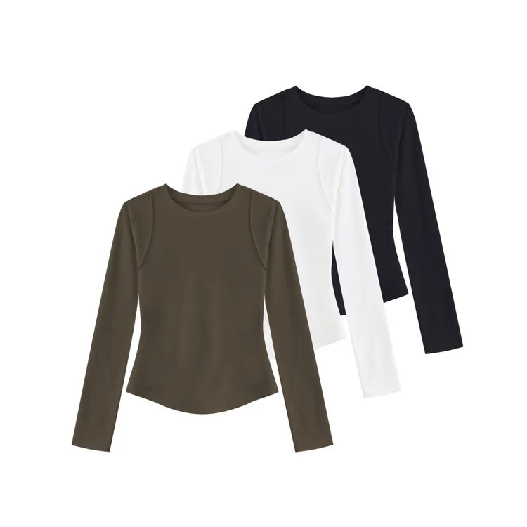 ⌜时髦精⌟ 弹力舒适显瘦鱼骨线薄绒捏折设计修身内搭长袖T恤