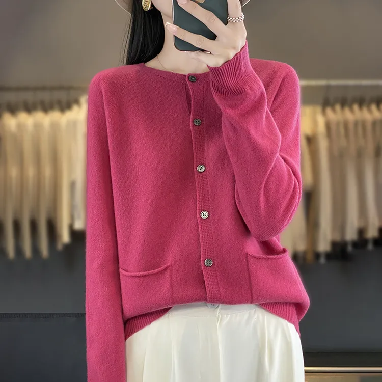 秋冬长袖开衫女羊毛衫一线成衣圆领带兜针织衫百搭宽松