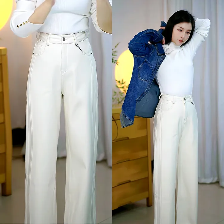 白色阔腿牛仔裤女2025新款秋冬季小个子垂感高级感直筒裤加绒裤子