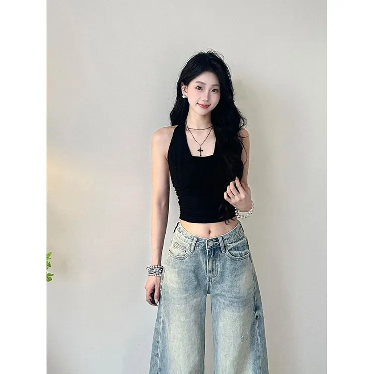 小个子黑色挂脖露背无袖吊带背心女夏季外穿绑带小吊带设计感上衣