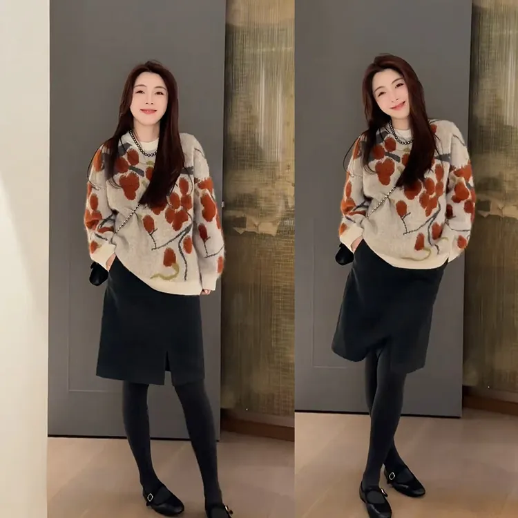 秋冬穿搭一整套女2025新款复古圆领针织毛衣通勤百搭半身裙两件套