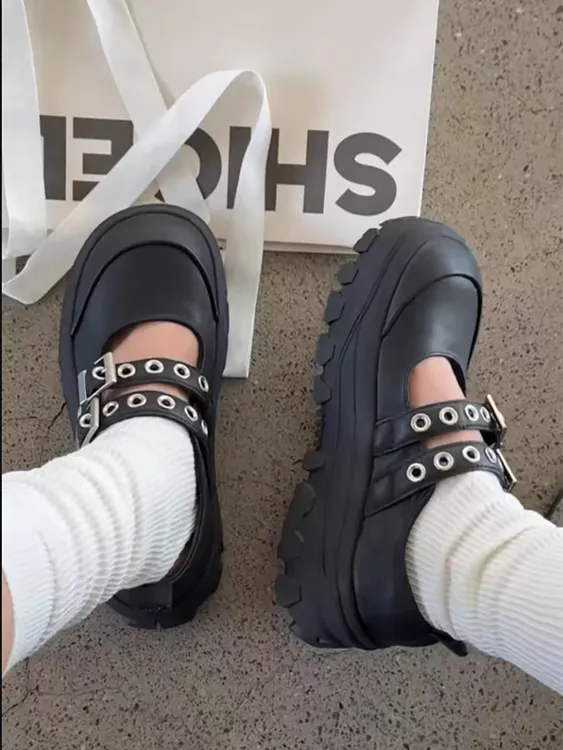 诗歌兰百搭厚底增高一字扣带休闲单鞋真皮玛丽珍鞋女2025秋季新款