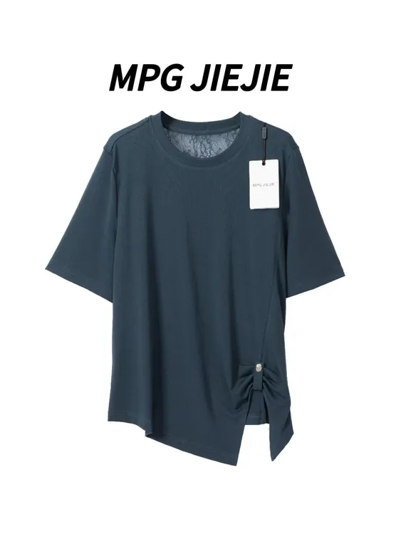 MPG JIEJIE【一眼惊艳】大码正肩天丝弹力设计感蕾丝T恤