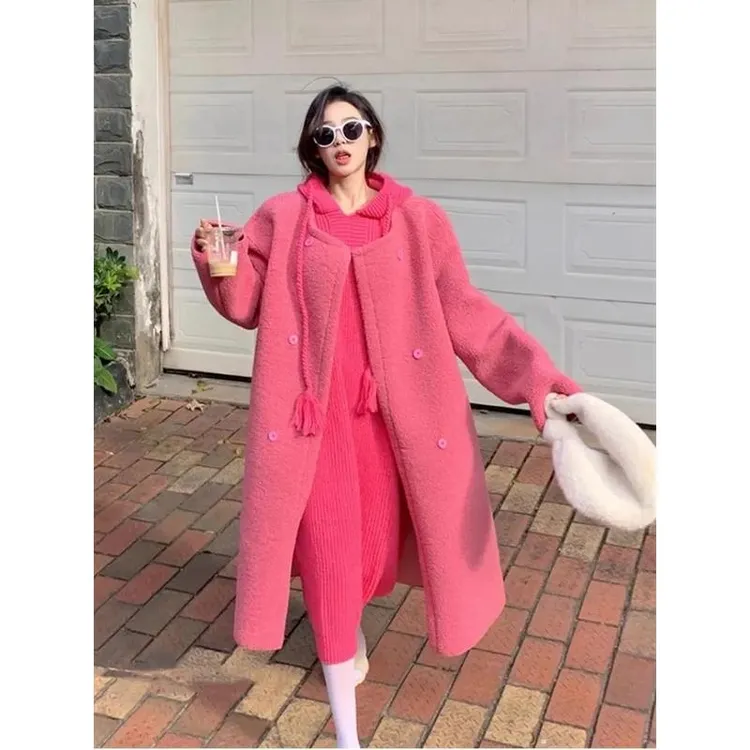 大码针织毛衣显瘦套装秋冬高级感加厚羊羔毛外套中长款毛呢大衣女