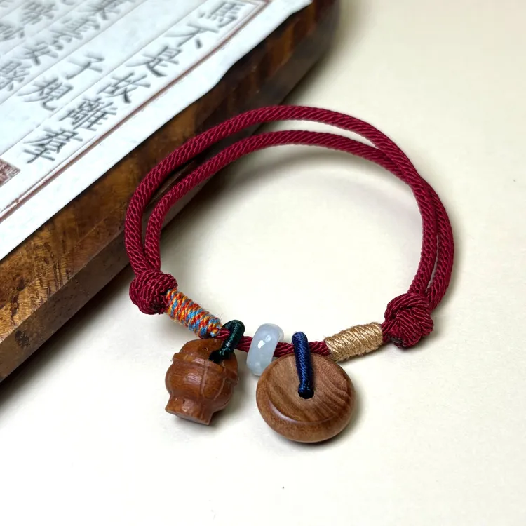 非金属木质手链 桃核桃篮手链手绳 桃木平安扣配饰 彩绳男女国风