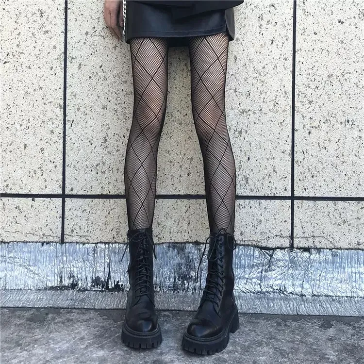 春秋网红薄款方格网袜黑丝袜外穿渔网袜镂空菱形网袜女性感打底袜
