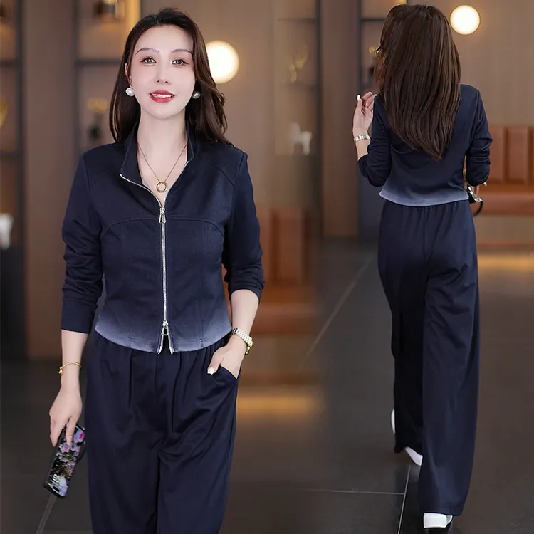 休闲运动套装女2025夏季秋季新款洋气显瘦立领开衫阔腿裤两件套潮