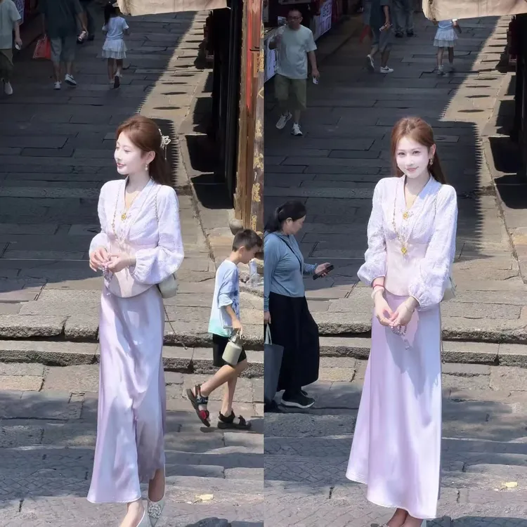 【婷婷】《鹊桥仙》楚王好细腰 蕾丝拼接缎面套装 TT2SQTZ2008