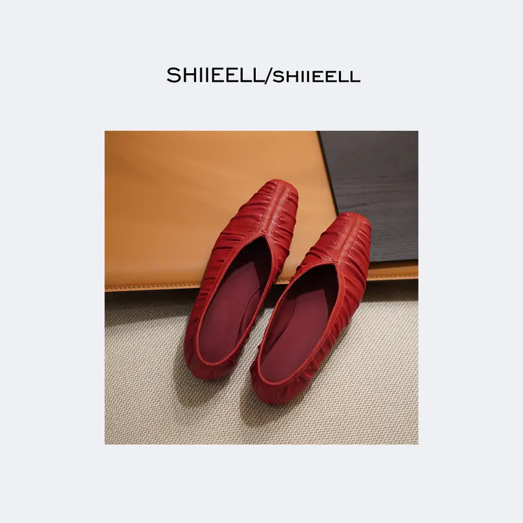SHIIEELL 新款气质品质软底红色时尚百搭方头格调平底鞋P0803